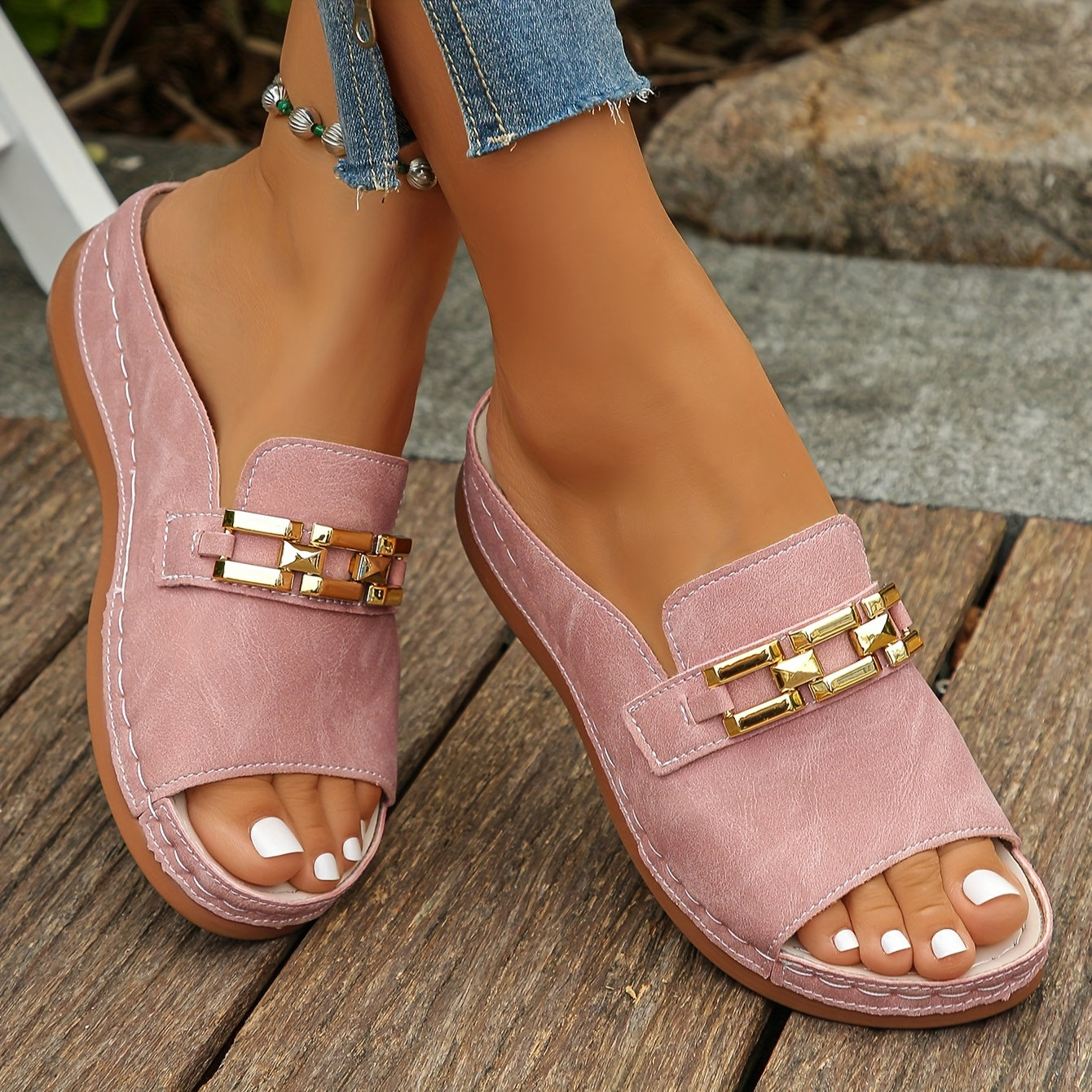 ROMY | GOLD-LINK SLIDE SANDALS