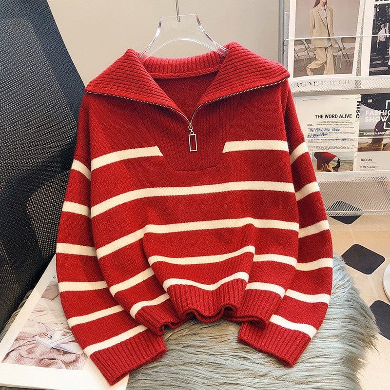 VIELA - Reißverschluss Gestreifter Strickpullover